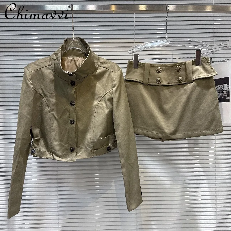 

2026 Spring New Fashion British-inspired Stand Collar Jacket Trench Coat Short Outerwear Top Wide Belt Mini Skirt Set Outfits