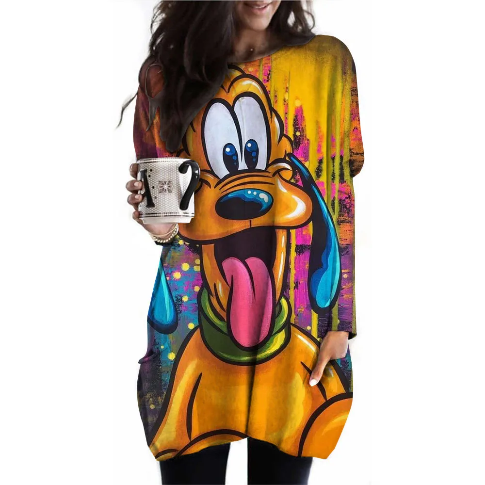 Women's long top early autumn pullover casual fashion Disney Goofy printed waistband top with pockets women's shirt