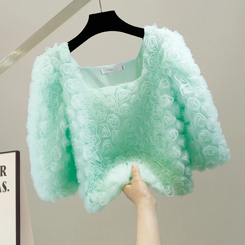 

Sweet Bubble Sve ort Top Heavy Work 3D Rose Design Square Collar Faionable Agel Korean Sle Commute Polyester Blend