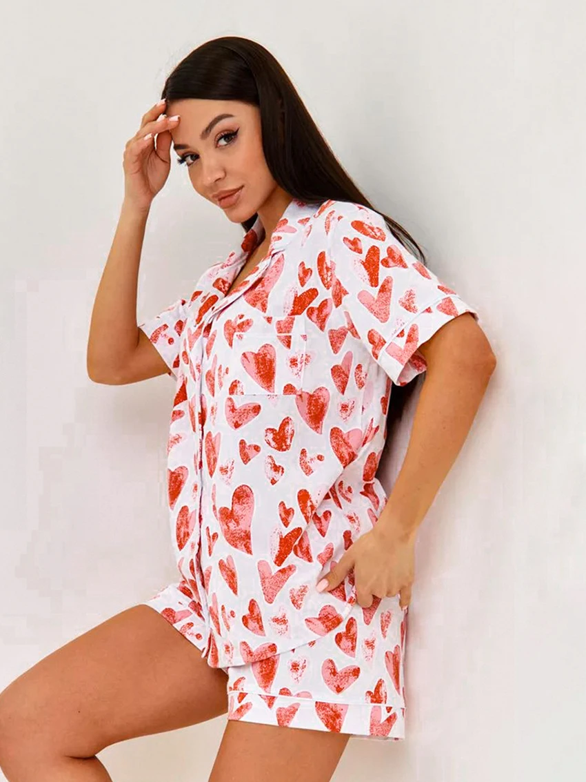 Marthaqiqi-Camisola solta com gola virada para baixo para mulheres, conjunto de pijamas de 2 peças, pijamas de manga curta, shorts com impressão de pijama