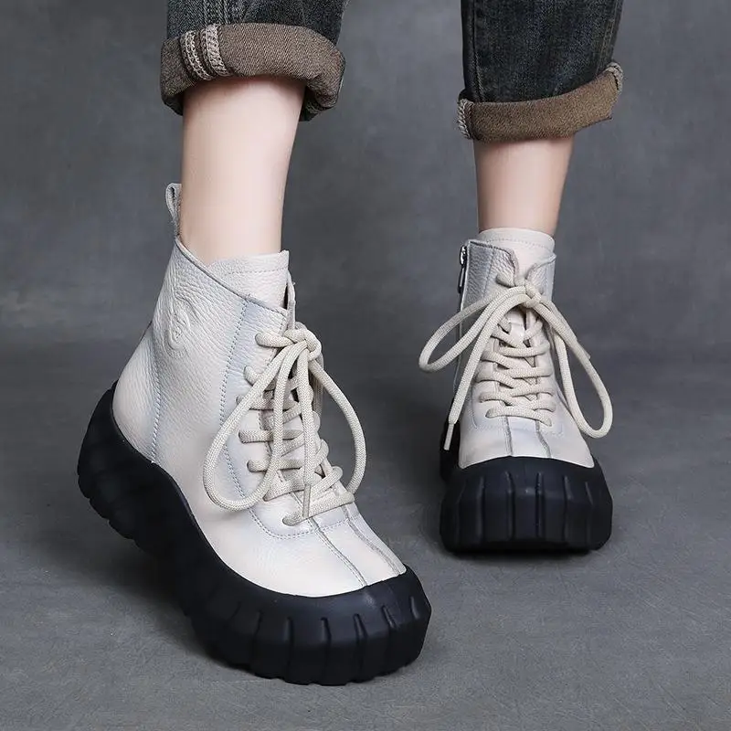 

Casual Thick Bottom Boots Waterproof Platform Low Cut Leather Booties Lightweight Tire Sole round Toe Zipper Closure