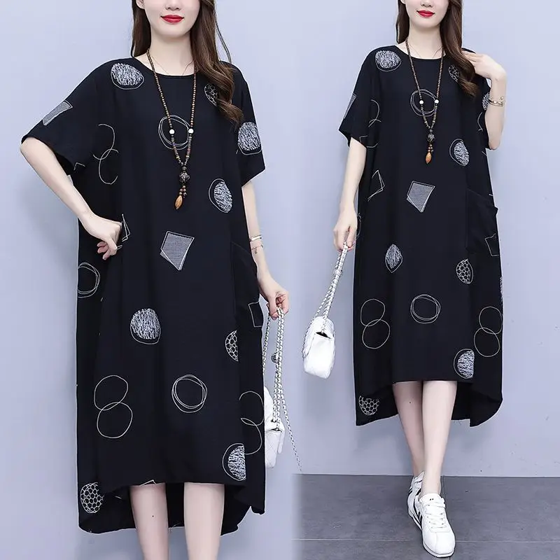 Fashion Women\'s Clothing Casual Pockets Spliced Printing Dresses Summer Loose All-match Round Neck Asymmetrical Dress Female