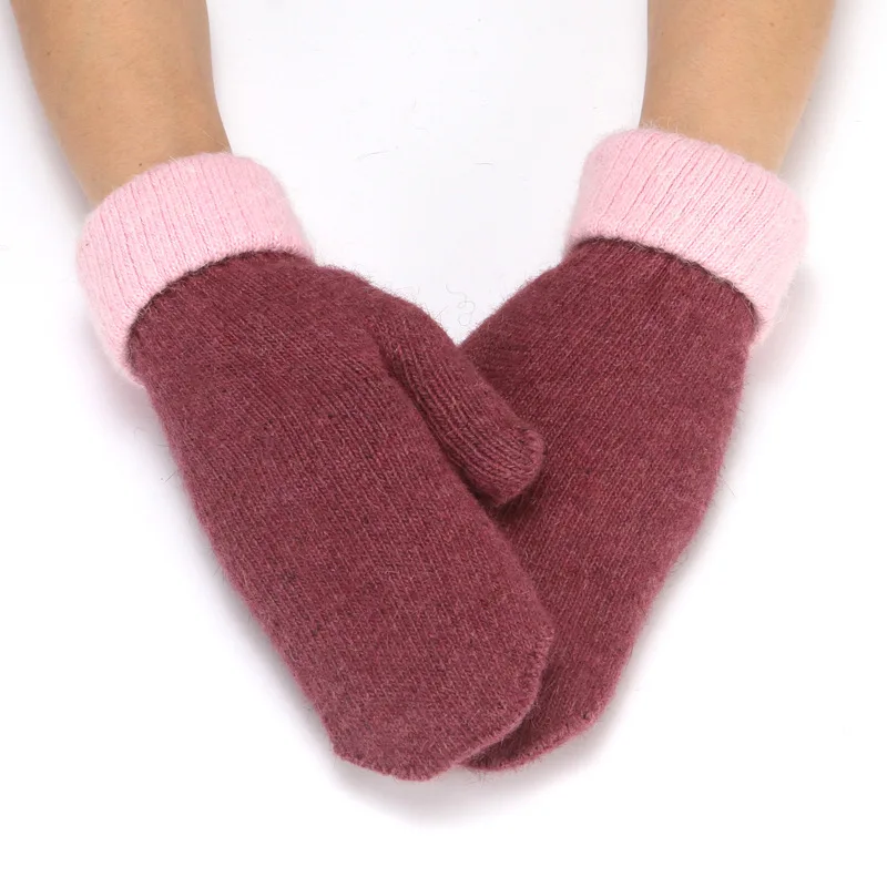 Guantes de pelo de conejo de dos colores para mujer, manoplas cálidas de lana gruesa para invierno, protección contra el frío para ciclismo, T16