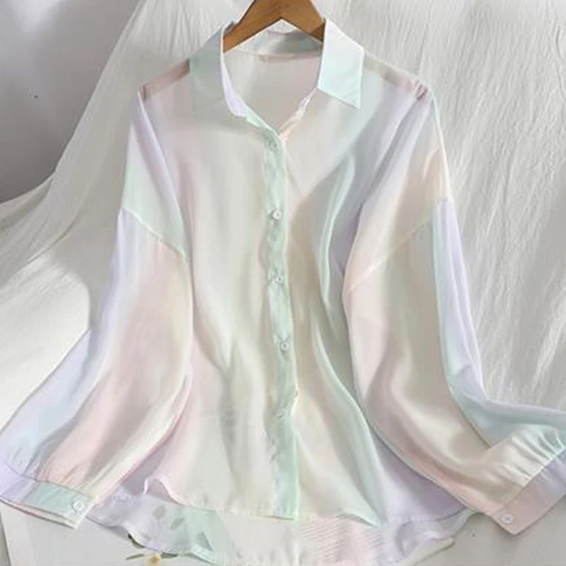 Women Chic Chiffon Rainbow Sun Protection Blouse Summer Loose See Through Thin Shirts Female Casual Long Sleeve Female Tops New