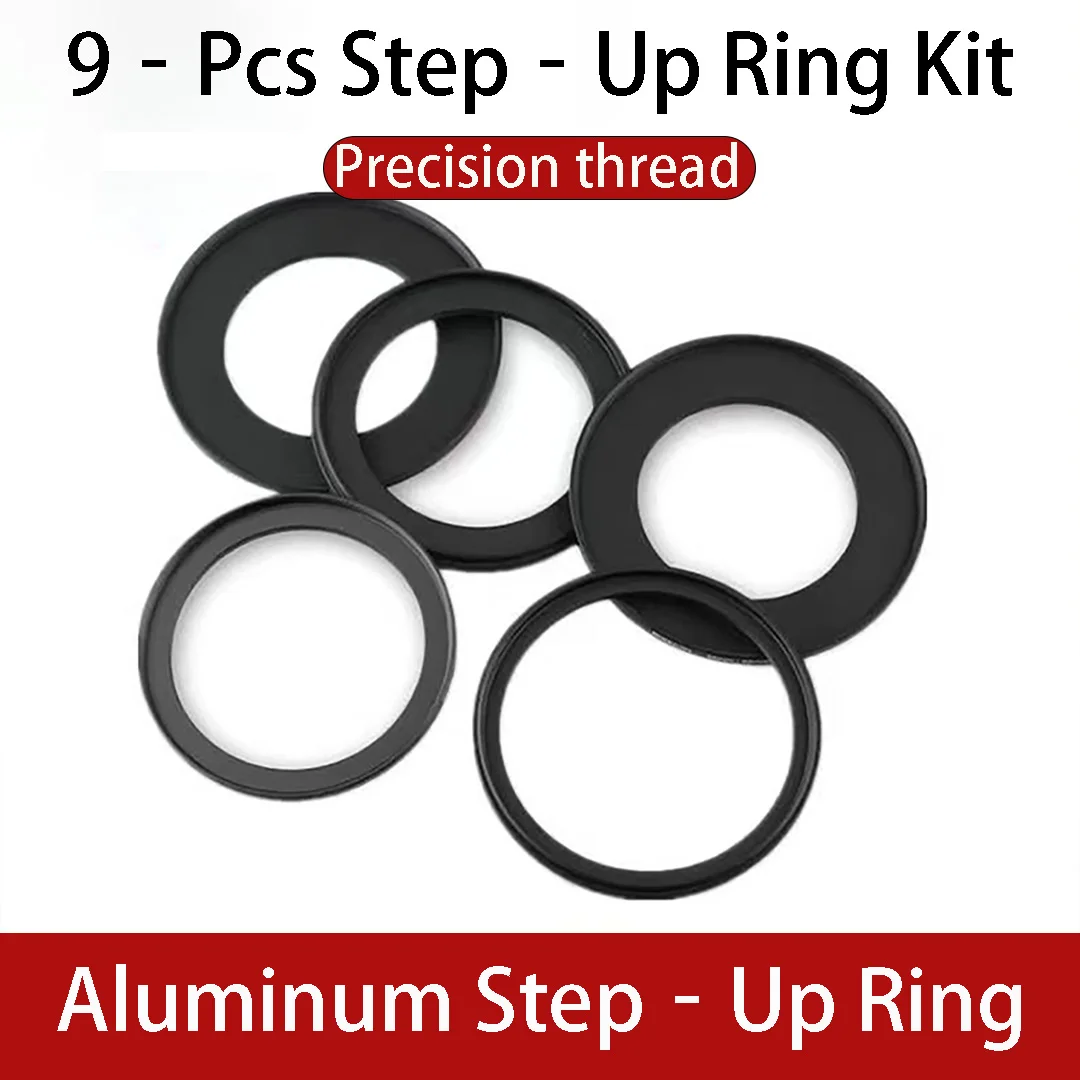 Step Up Lens Adapter Ring Set, 9Pcs 37mm 49mm 52mm 55mm 58mm 62mm 67mm 72mm 77mm 82mm Aluminum, Camera Accessory