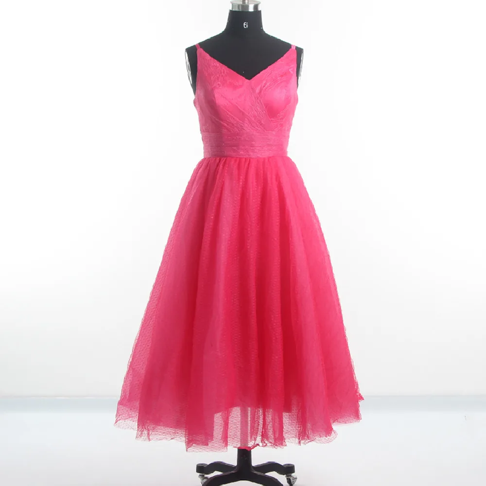 

Evenging Dress Pink Lace Tulle Simple Sleeveless A-line Tea-length V-neck Plus size G008