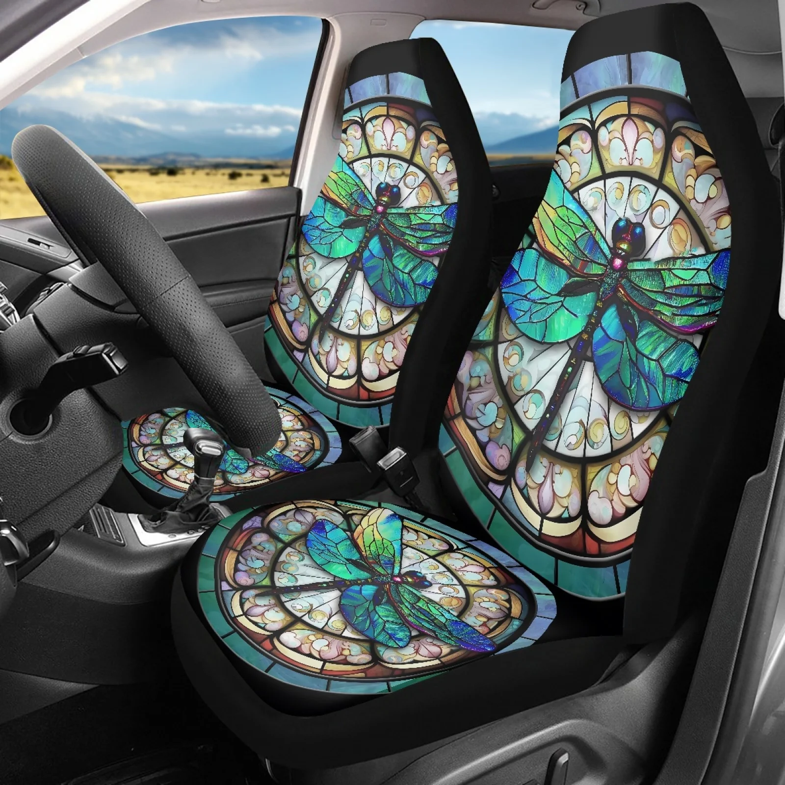 2pcs Green Dragonfly Car Seat Cover, Protective Cover For Cars, SUV And Trucks, Washable And Easy To Install | Stylish Front Sea