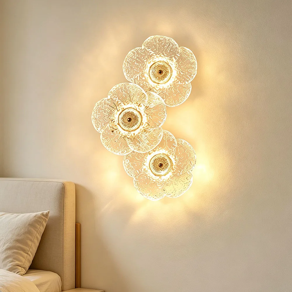 Floral Textured Glass LED Wall Sconce Metal Base Decor Wall Lamp For Bedroom Bathroom Corridor Background Lighting