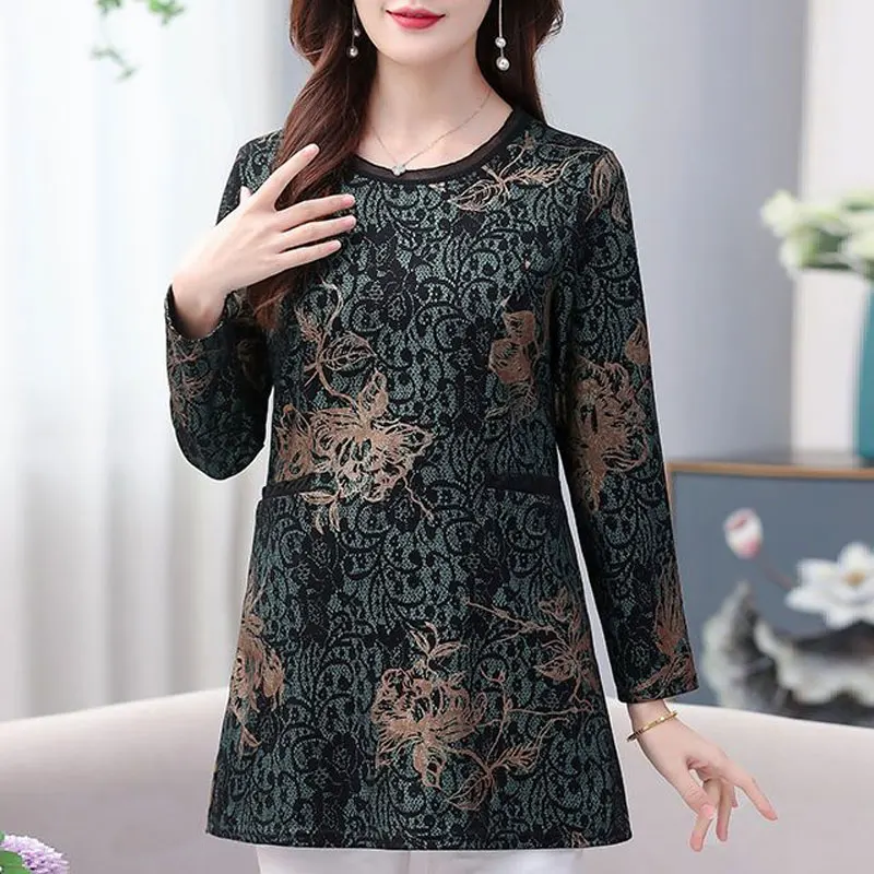 Fashion Lace Spliced Pockets Pullovers Spring Autumn O-Neck Women\'s Clothing Long Sleeve Vintage Floral Printed Midi T-shirt New