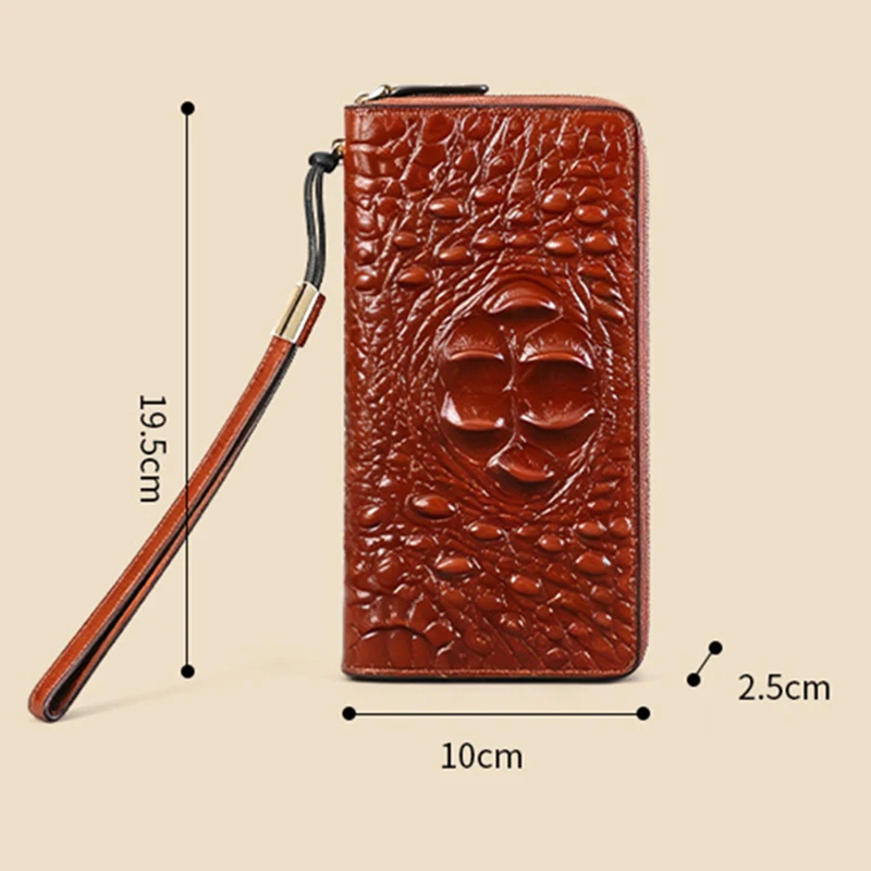 Unisex multifunctional long wallet crocodile pattern cowhide handle wallet anti-theft brush long wallet retro vertical wallet