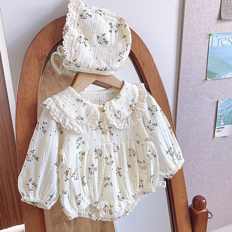 

(Девочки-3 лет) Детская одежда, комбинезон для маленьких девочек, новая корейская одежда с длинными рукавами и цветочным принтом, ткань для ползания младенцев