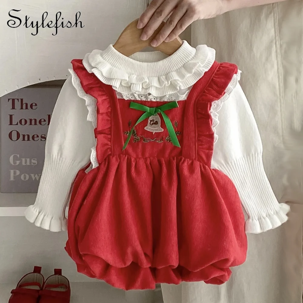 

insAutumn baby boys and girls' wooden ear round neck bubble bottom top+Christmas bell embroidered fly sleeve skirt Christmas set