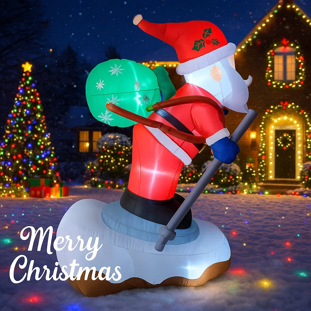 5.91FT Inflatable Toy Santa Snowboard with LED Light Christmas Decorations for Yard Xmas Supplies Home Ornaments Festive Gift