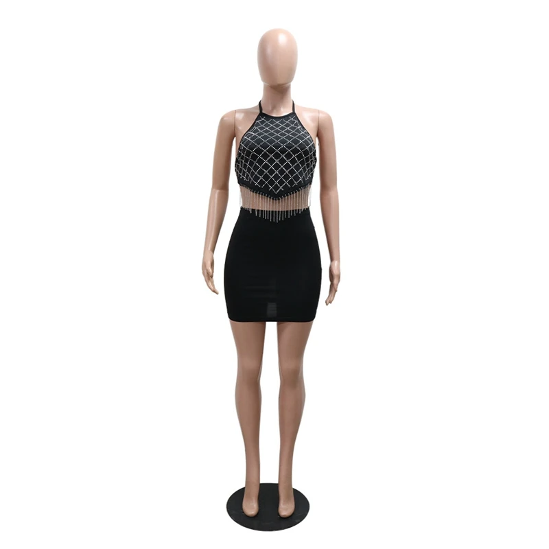 Vestidos para mujer, vestido negro de dos piezas, conjuntos de falda sin mangas con cuello Halter y borlas sin espalda, camiseta sin mangas y minifaldas para mujer Y2K Night Club