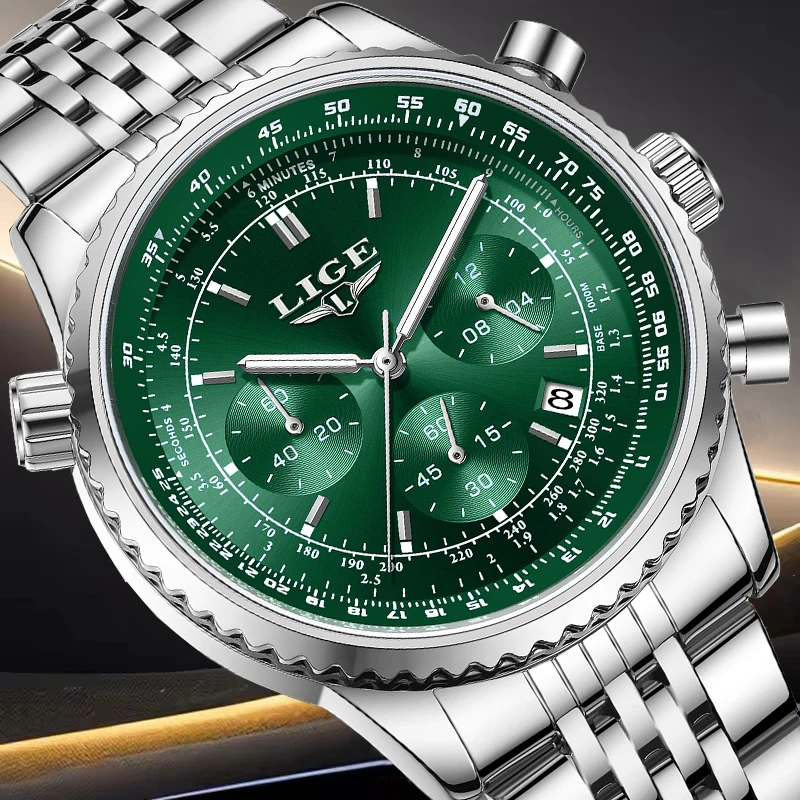 LIGE Fashion Green Watch Men Casual Military Sports Date Men's Quartz Watches Original Brand Luxury Waterproof Chronograph Male