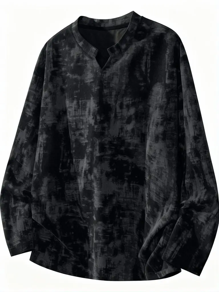 Streetwear American Vintage Washed Tees Shirt Men Corduroy Tie-dye Long Sleeve Top Autumn T-shirts Oversize Loose V Neck Casual
