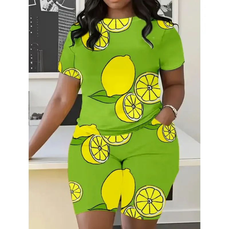 Plus Size Summer Fashion Fruit Printed Thin Short Sleeve Shorts Set for Casual Commuting Loose Micro Elastic Women\'s Set