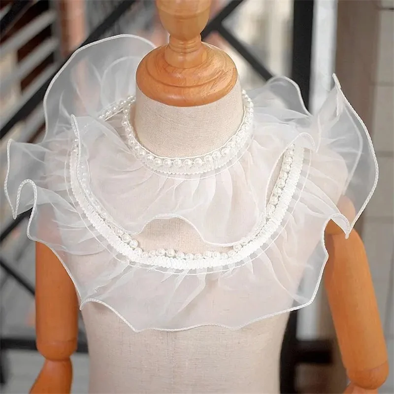 6.5CM Wide Tulle White Black Organza Pearl Wave Neckline Lace Collar Cuff Beads Ruffle Trim Ribbon Dress Clothes DIY Accessories