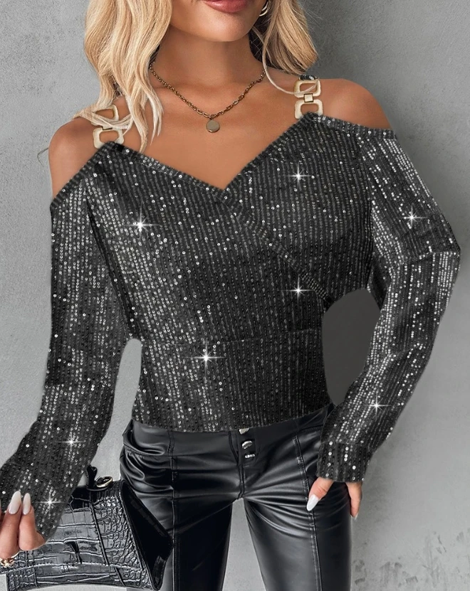

Top Women Spring Fashion Allover Sequin Chain Cold Shoulder Casual Plain Long Sleeve Daily T-Shirt Top Y2K Clothes