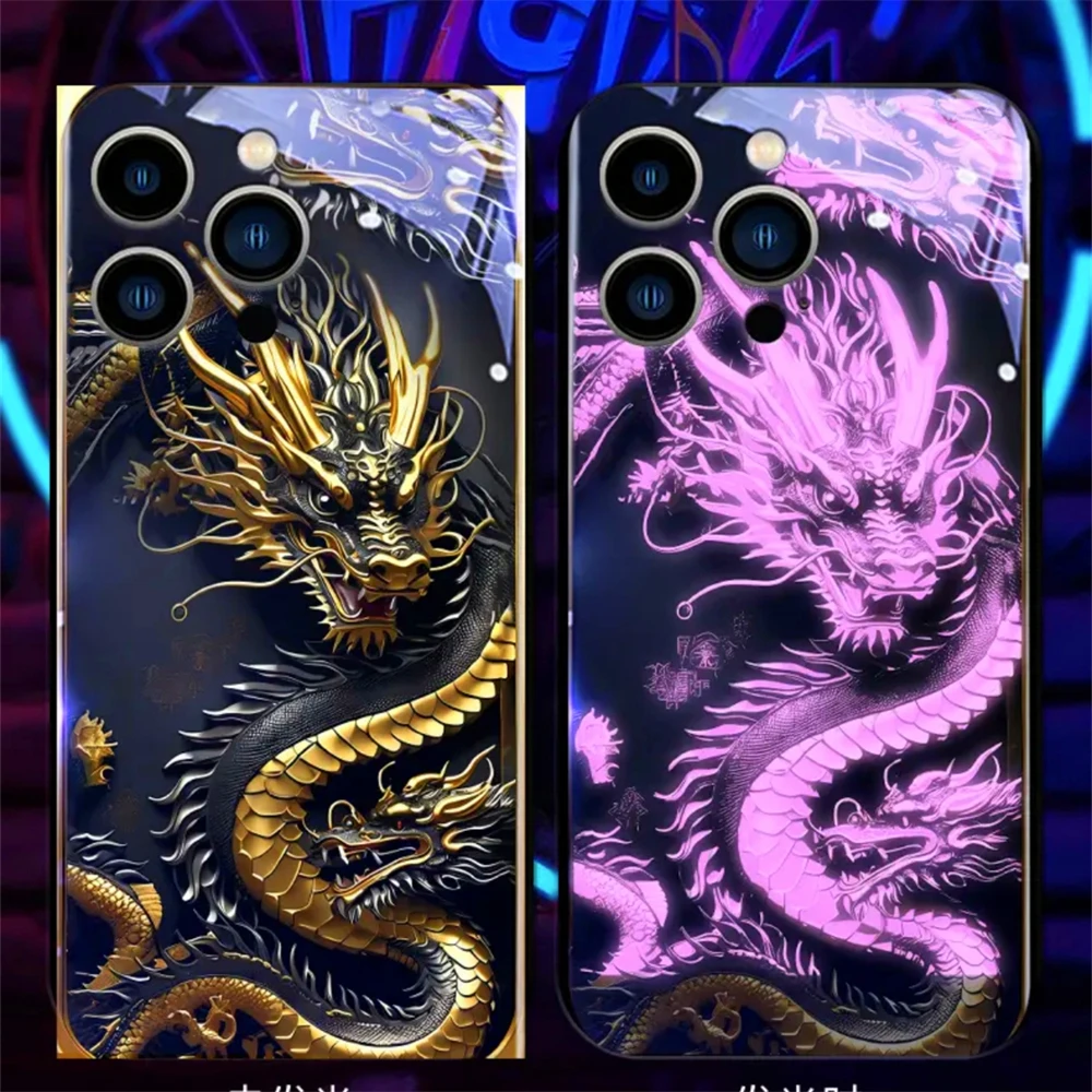 Mechanical Armored Dragon Pattern LED Light Up Glass Phone Case Back Cover For iPhone Air 17 16 15 14 13 12 11 Pro Max Plus