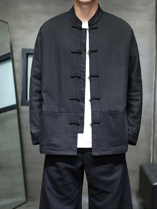 

Новый мужской китайский костюм Тан из хлопка, осенний повседневный ретро-пиджак на пуговицах, дышащий, однотонный, свободного кроя