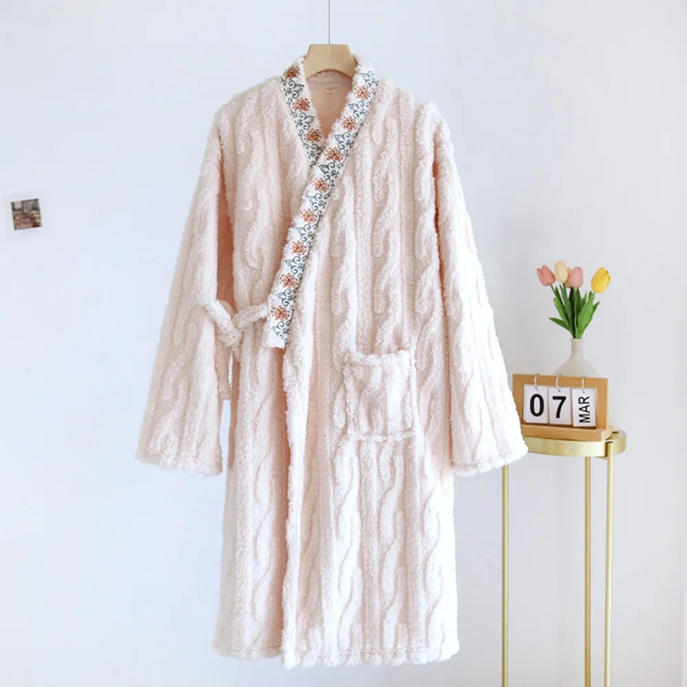 

‌Women's Flannel Kimono Bathrobe - Long Plush Robe Fur Lining Winter Homewear Thickened Housecoat Traditional Style Night Gown