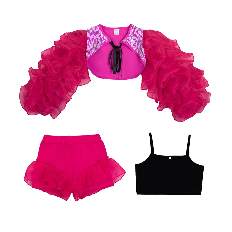 Kinder kleidung Rose Red Puff Ärmel Crop Tops Shorts Anzug Kinder Ballsaal Hip Hop Tanz Performance Bühnen kostüme dql8761