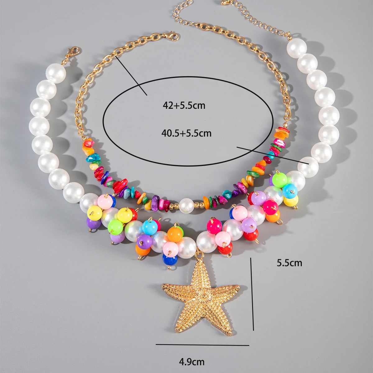 Docona Vintage Acrylic Colorful Beads Double Layer Necklace Set Alloy Starfish Pendant Chain Women's Beach Resort Jewelry