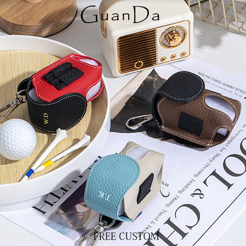 Genuine Leather Custom Name Golf Ball Bag Cowhide Luxury Fashine Golf Tee Pouch Waist Bag Engrave Initials Portable Small Pouch