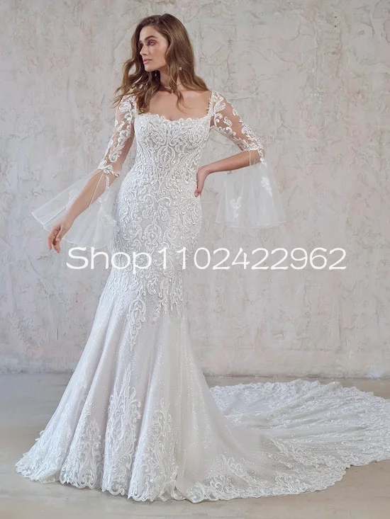 Sexy Lace fit flare Wedding Dress with Scalloped Train Remove Long Sleeve Applique Mermaid Fishail Country Bridal Gowns