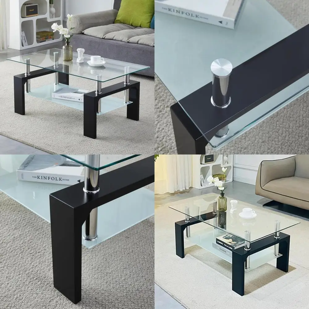 

Прямоугольный стеклянный журнальный столик в классическом стиле — гладкий, простая сборка, 39,5x23,5x17,5 дюймов, черный