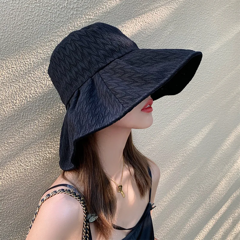 Large Brim Sunshade Hat Women's Summer Black Niche Pleated Fisherman Hat Thin Section Sunscreen Anti-ultraviolet Sun Hat