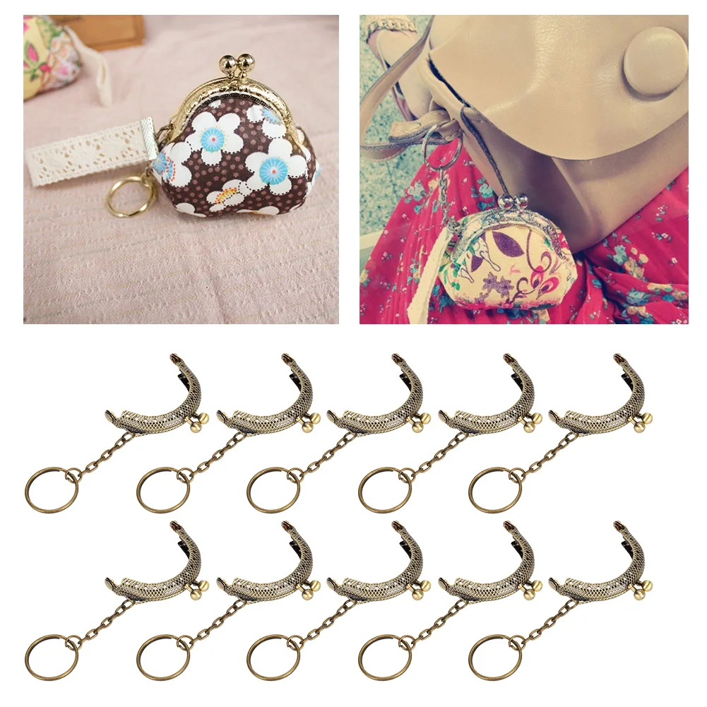 10Pcs Metal Purse Frame Kiss Clasp Lock Bronze Tone Retro DIY Semicircle Chain 5cm