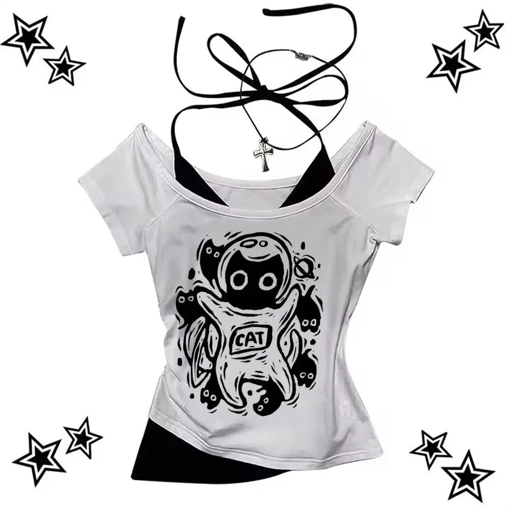 

Balck Cat Y2k crop top Streetwear babydoll Aesthetic corset gyaru Slim Fit Cute Grunge harajuku girls tshirt