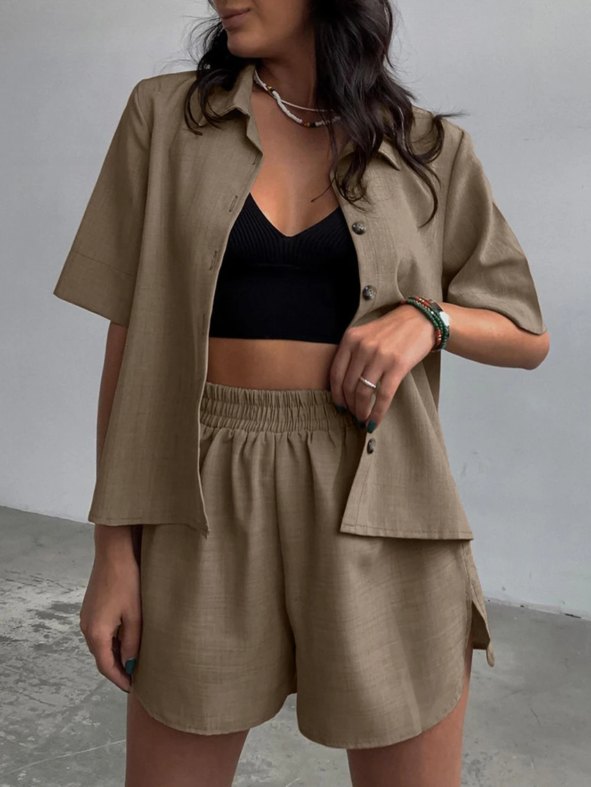 Marthaqiqi Summer Femme Home Clothes Short Sleeve Sleepwear Turn-Down Collar Nightgowns High Waist Shorts Nightie 2 Piece Set