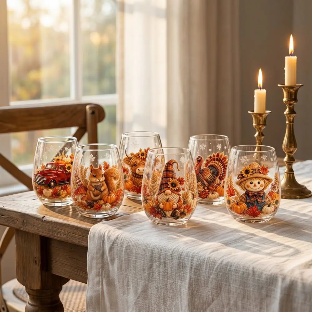 2D Print Christmas Wine Glass Elf Snowflake Christmas Art Cup Animal Thanksgiving Clear Stemless Glass Holiday Gifts