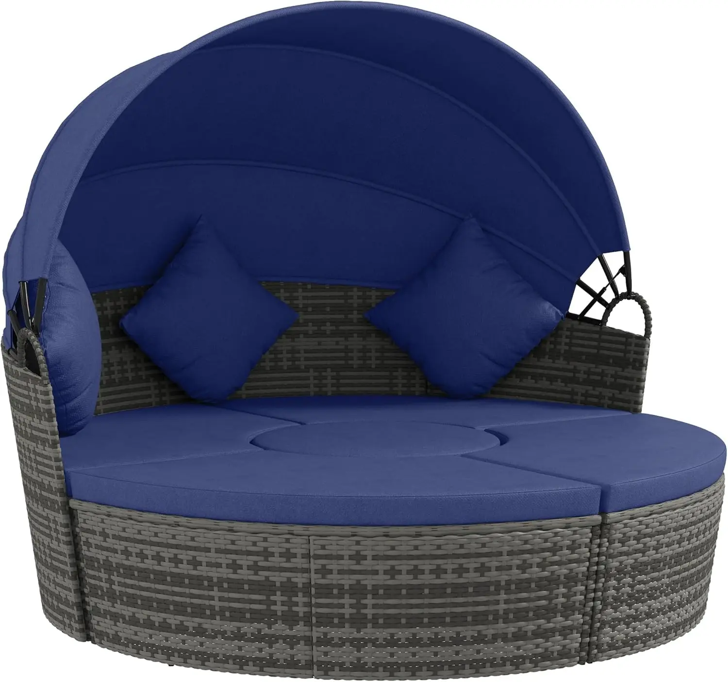 

4 Piece Round Rattan Daybed, Convertible Patio Furniture Set, Adjustable Sun Canopy, Sectional Outdoor Sofa, 2 Chairs,