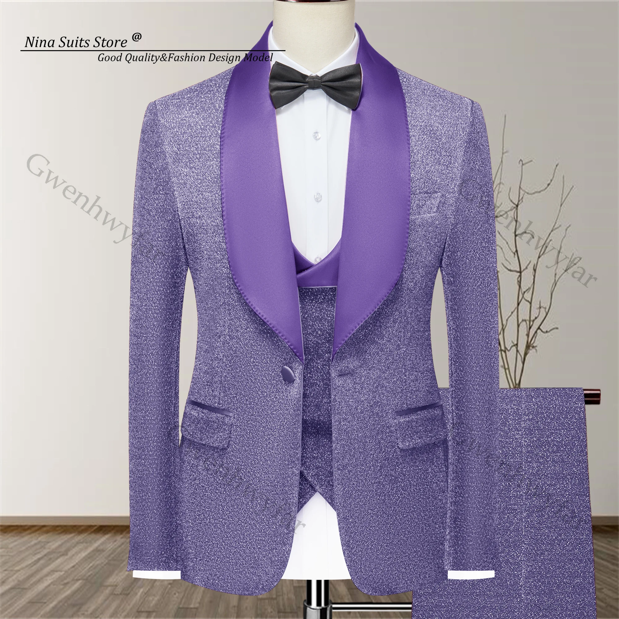 Gwenhwyfar Men Shinny Glitter Prom Suits Red Burgundy Navy Black Green Jacket One Button Double Breasted Vest Pants for Banquet