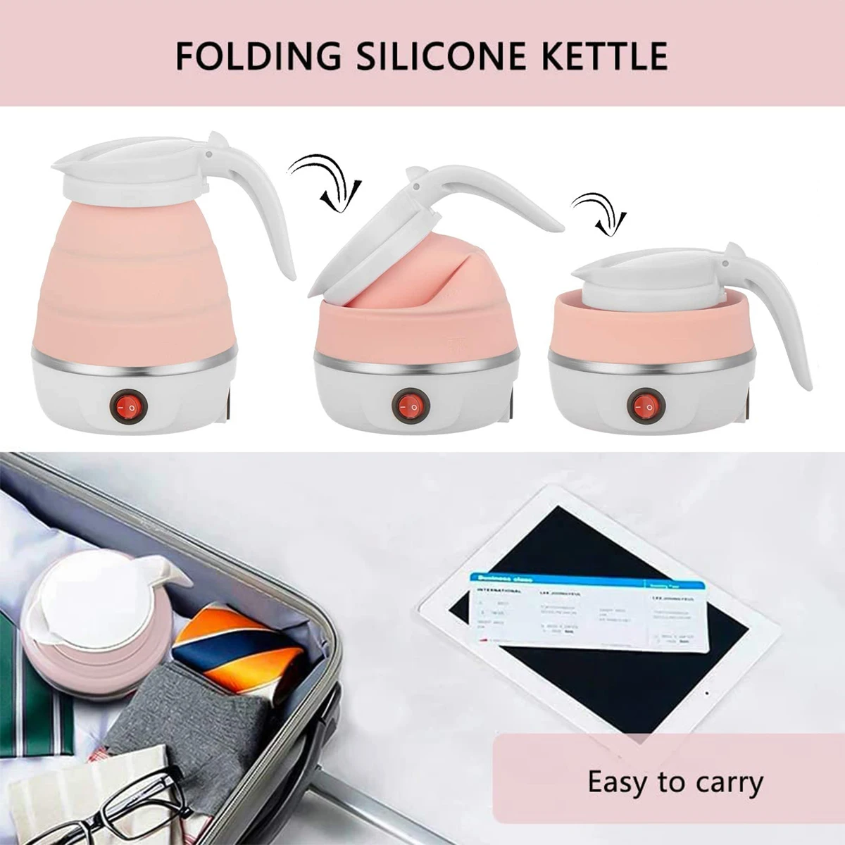 Outdoor Foldable Kettle 600ML Portable Silicone Kettle Collapsible Water Heater with Separable Power Cord forHikingCampingPicnic