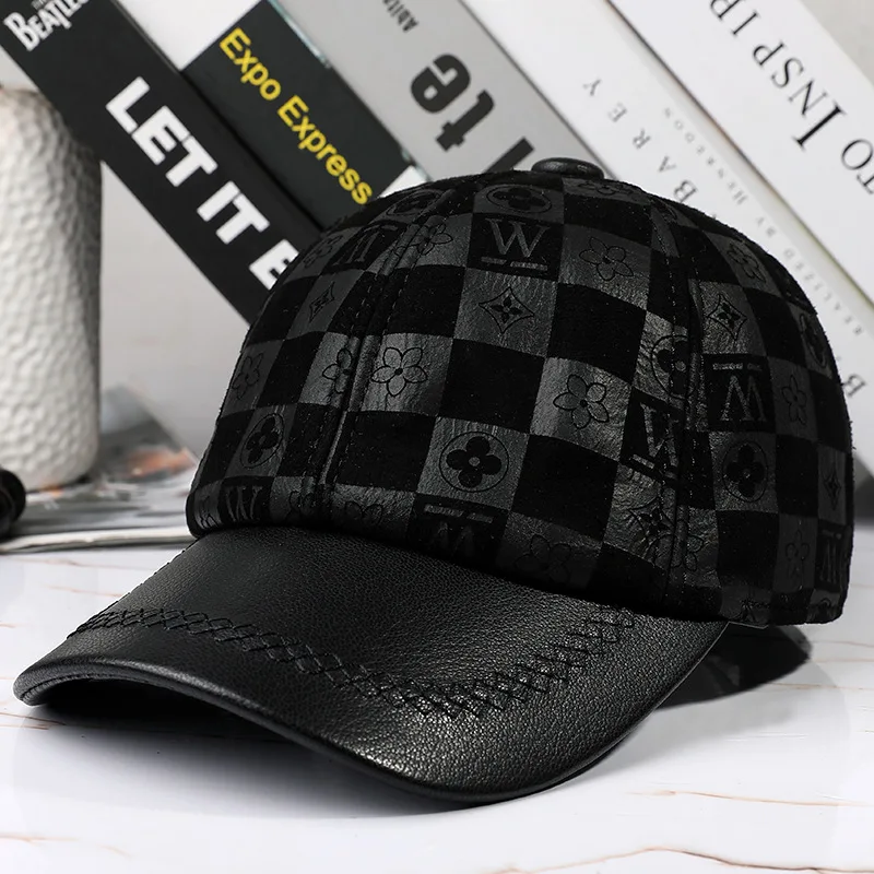 X7040 Adult Baseball Cap Outdoor Sunshade Hat Sheep Leather Hats Cashmere Leather Cap Male Card Pattern Printed Leather Caps