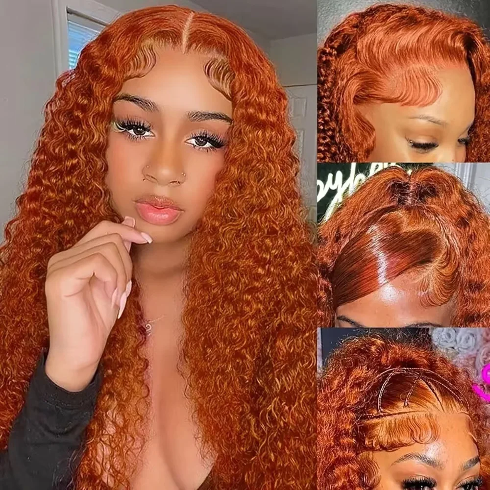 Deep Wave 13×6 Lace Front Wigs Human Hair Transparent Ginger Pre Plucked 220 Density Orange 13×4 Lace Frontal Wig For Women350