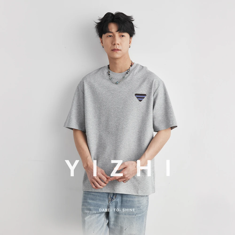 

Men's Light Mature Triangle Label T-Shirt Summer Heavyweight 220g Cotton Crew Neck Loose Comfortable Breathable Short Sleeve