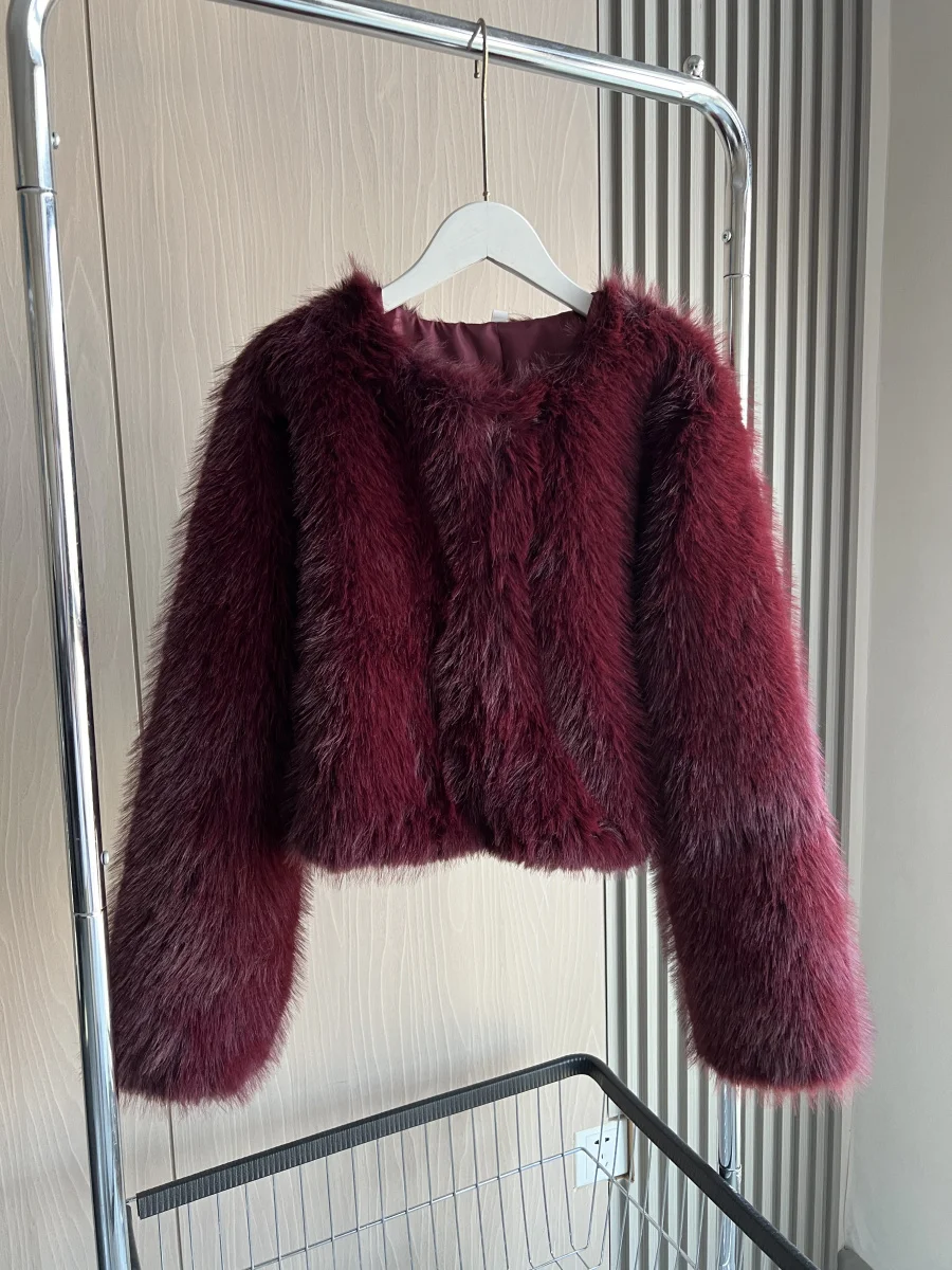 Faux fur jacket Traf 2024 Fall/Winter New Fashion Women\'s Faux Fur Effect Round Neck Long Sleeve Short Jacket