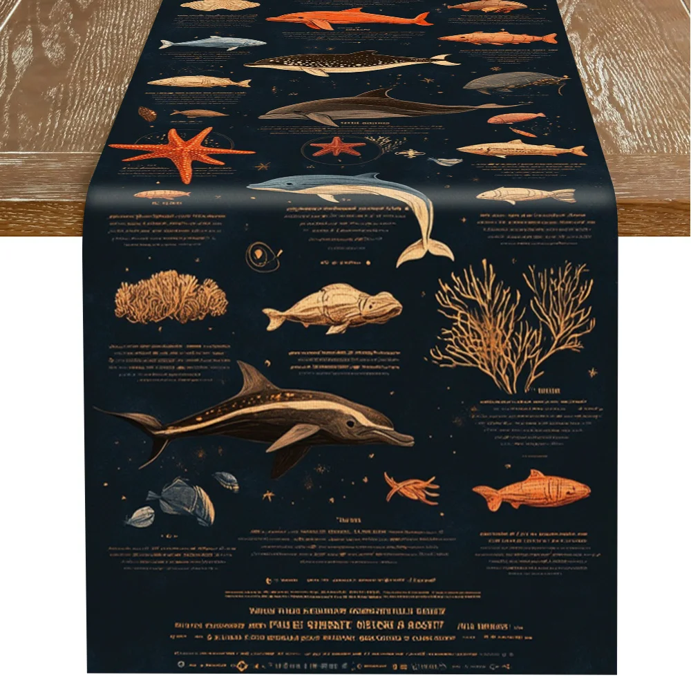 1 Piece of Ocean Creature Pattern Table Runner Featuring Dolphins, Fish, Starfish, and Coral, Suitable for Farmhouse, Indoor, Kitchen, Celebrations, Table Decoration, Restaurant, and Banquet Decoration Supplies