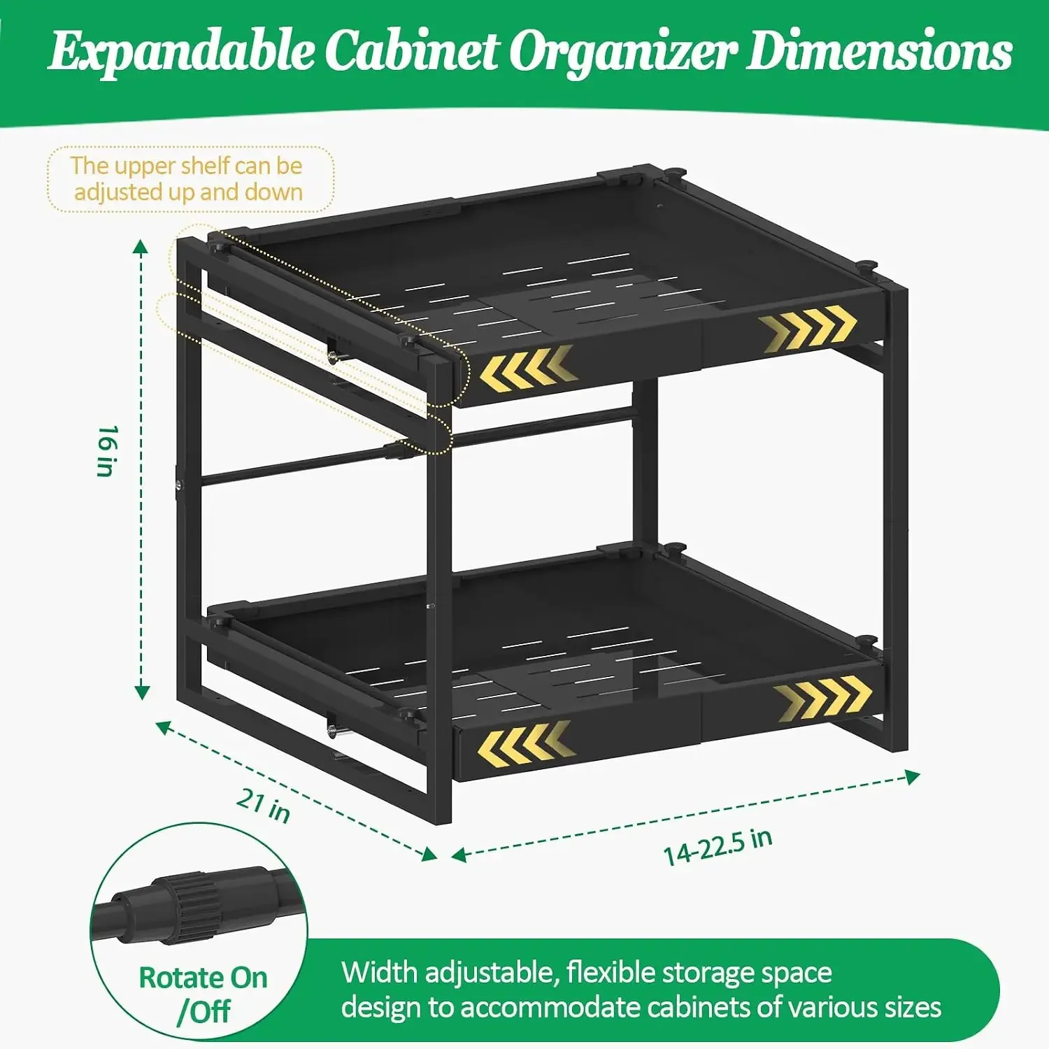 2 Tier Pull Out Cabinet Organizer, 21 inch Depth Slide Out Shelves | Expandable 14
