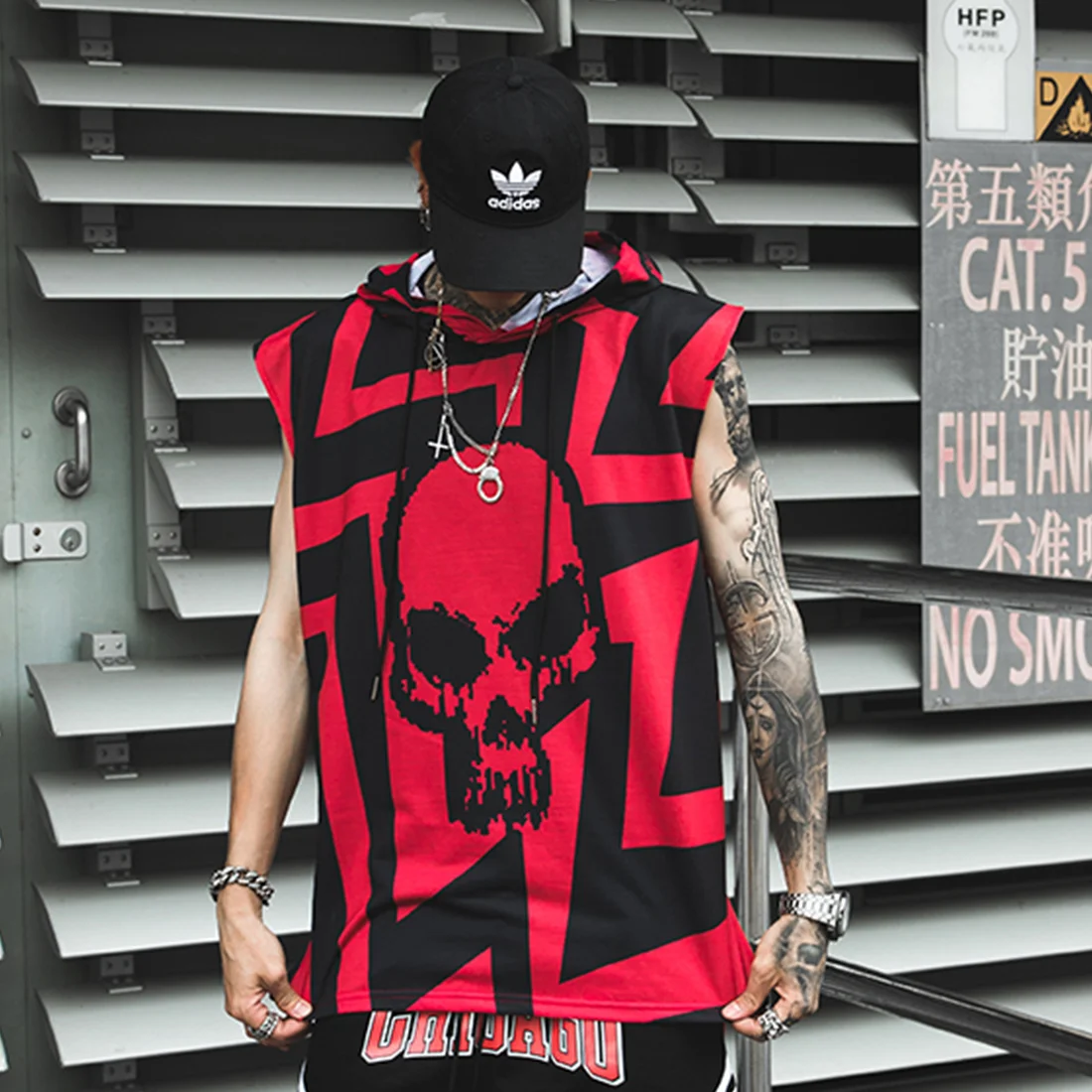 Hop Hip Tank Tops Shirt Hoodie Men 2022 Summer Sleeveless Skull Printed Color Block Punk Vest Casual Streetwear