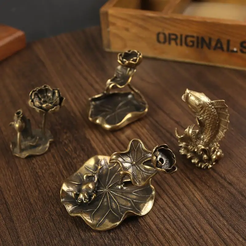 Copper Frog Lotus Pond Censer Holder Ornaments Tea Pets Antique Brass Lotus Leaf Backflow Incense Decorations Solid Pure