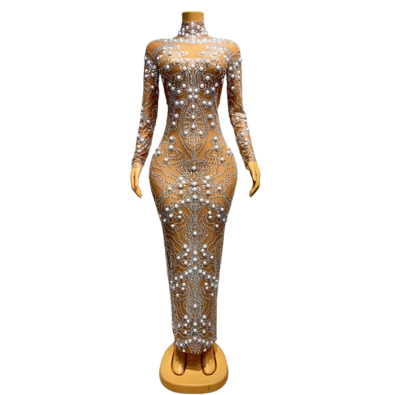 

Fashion Luxury See-through Pearl Rhinestone Mesh Long Dress Elastic Skinny Women Birthday Celebrity Singer Model Catwalk Costume