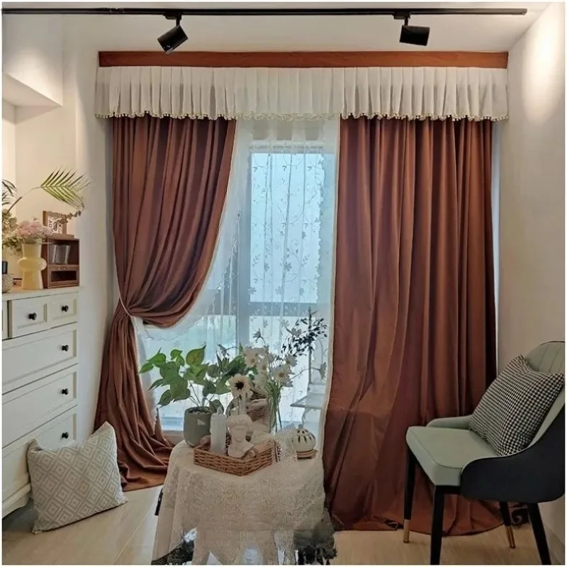 

New High Retro French Blackout Caramel Medieval Velvet Curtain for Bedroom with Decorative Head Window Drapes Chenille