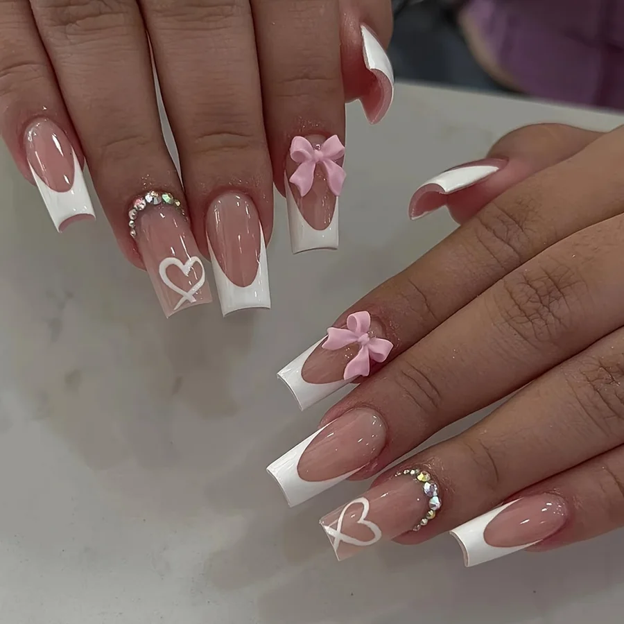 24 medium and long shiny rhinestone love-printed square manicure stickers, pink bow French fake nail set | Contains 1 bottle of jelly glue and 1 sanding strip | Bridal wedding essentials | Ladies only